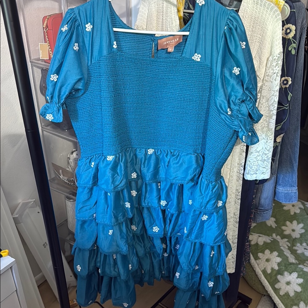 JessaKae Blue and White Smocked Tiered Sundress